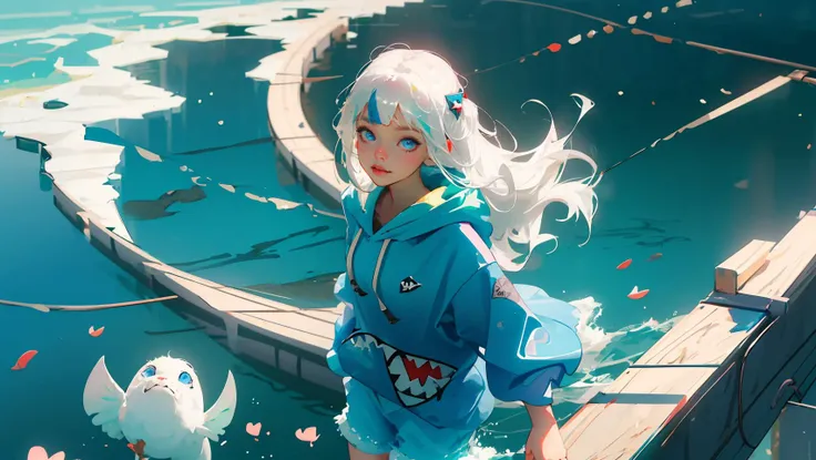 (best quality, masterpiece:1.3), 1girl, little girl, <lora:gawrGuraHololiveAll_v4AllOutfits:0.8> gawr gura, blue eyes, sly smile, teeth, gura_hoody, shark hair ornament, sneakers, wind, particle, under water, floating hair, pose