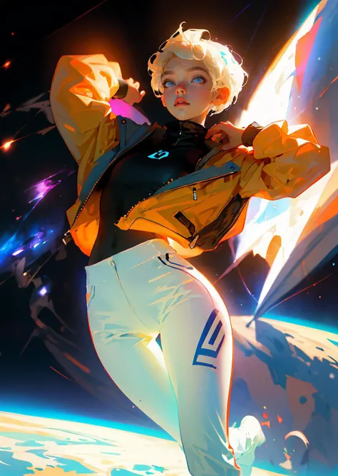 (best quality, masterpiece:1.3), 1girl, <lora:wattsonApexLegends_v20:0.6> wattson, blue eyes, orange jacket, blue skinsuit, white pants, blonde hair, short hair, looking down, wind, particle, electricity, space background, pose