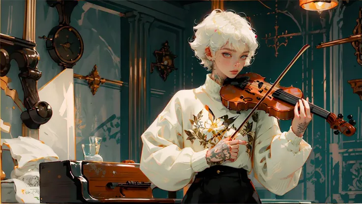 (best quality, masterpiece:1.3), <lora:Tim Henson v2:0.6>, Tim Henson, 1girl, playing a violin, (neck tattoo), tattoo, white hair, curly short hair, knit sweater with flower and occult ornament