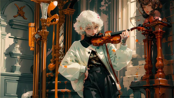 (best quality, masterpiece:1.3), <lora:Tim Henson v2:0.6>, Tim Henson, 1girl, playing a violin, petite, (neck tattoo), tattoo, white hair, curly short hair, knit sweater, flower ornament, occult ornament