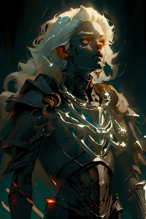 1 girl , beautiful but sad face, dark skin tone, white hair, pale skin, skinny, glowing eyes, bone necklace, black armor, ripped cape, horrify,
dark room, dim light, creepy, scary
(Highest quality:1.3), cinematic shot, masterpiece, , detailed background, <lora:boneyardai_v10:0.5> <lora:glowingrunesai_v10:0.7>
