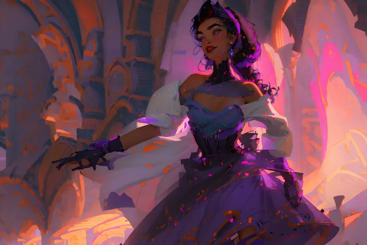 Esmeralda , smile, happy, dancing, hairband, bare shoulders, dress, puffy short sleeves, corset, purple skirt, glowing eyes, red lips
(Highest quality:1.3), cinematic shot, masterpiece, , detailed background
analog style, volumetric lighting, intricate details, UHD <lora:sxzEsmeraldaDisney_sxzEsmeralda:0.9>