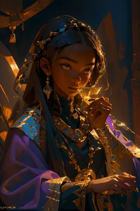 1girl,dark skin tone,  tunic, sitting on treasures, coins, jewelries, medieval,
(Highest quality:1.3), cinematic shot, masterpiece, (sharp focus:1.5), (photorealistic:1.3), detailed background, dark lighting, twilight lighting,
analog style, volumetric lighting, intricate details, UHD, film grains,