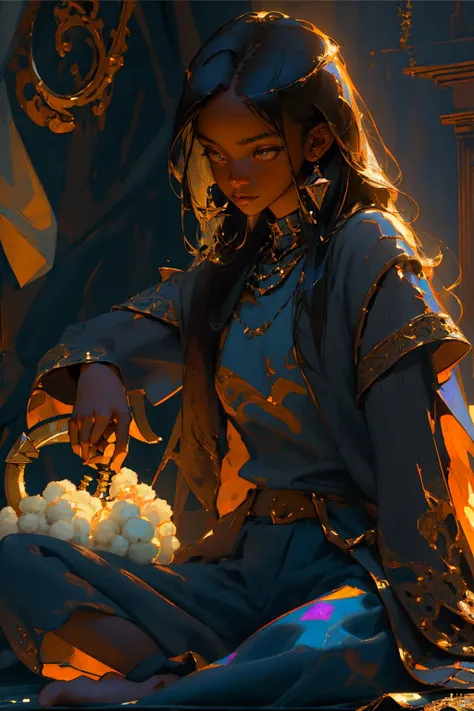 1girl,dark skin tone, ((cotton shirt and pants)), sitting on treasures, coins, jewelries, medieval,
(Highest quality:1.3), cinematic shot, masterpiece, (sharp focus:1.5), (photorealistic:1.3), detailed background, dark lighting, twilight lighting,
analog style, volumetric lighting, intricate details, UHD, film grains,