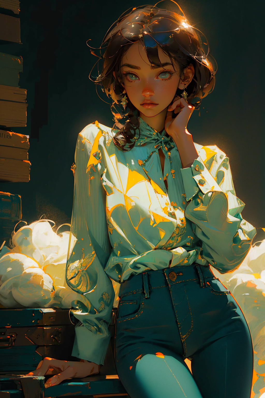 There is a woman sitting on a suitcase with a lot of books - SeaArt AI
