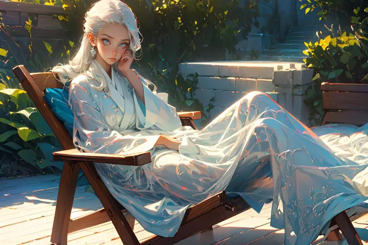 masterpiece, best quality,(finely detailed beautiful eyes and detailed face),extremely detailed CG unity 8k wallpaper, soft lighting,
1girl,
Appearance: silver hair ,hair slicked back , long hair, light colored pupils, expressionless,
Behavior: relaxing on a deck chair,
Location:roman baths,
Clothes: white bathrobe,