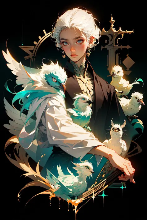 realistic, (masterpiece, top quality, best quality, official art, beautiful and aesthetic:1.2), extremely detailed,fractal art,colorful,highest detailed,zentangle,(abstract background:1.3)
(1boy:1.3), (birds),
silver hair, bright eyes,hair slicked back, short hair, black robe,