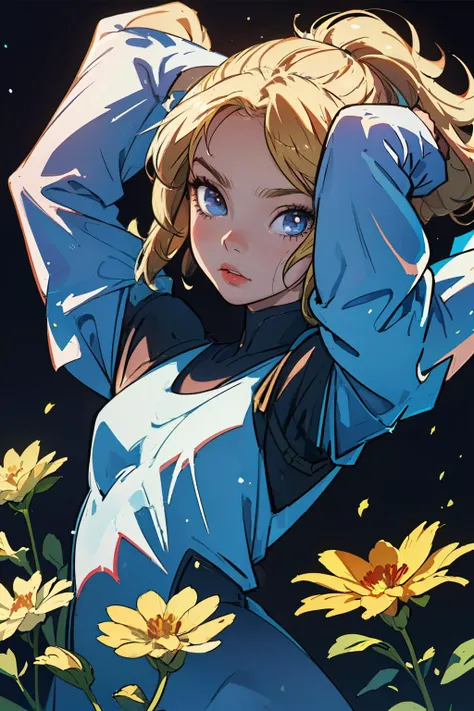 (best quality, masterpiece), 1girl, particle, wind, flower, upper body, dark simple background, looking at viewer, blonde, arms up, galaxy