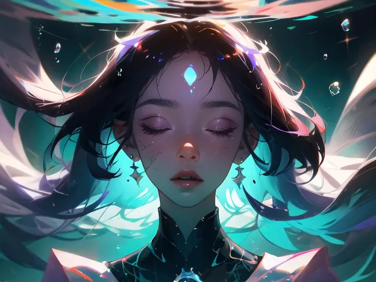 masterpiece, best quality, highres, extremely detailed, clear background, ultra-detailed unity 8k wallpaper, (portrait), purple ,blue,black,
(Girl swims underwater),(close eyes), blackhair,Sparkling earrings,Colorful reflections and details,Highly saturated light,brush,Low exposure,hyper-realistic oil,Correct anatomy,(Tyndall effect),water drops nother-of pearl iridescence, pure background, Dark tonestyle,