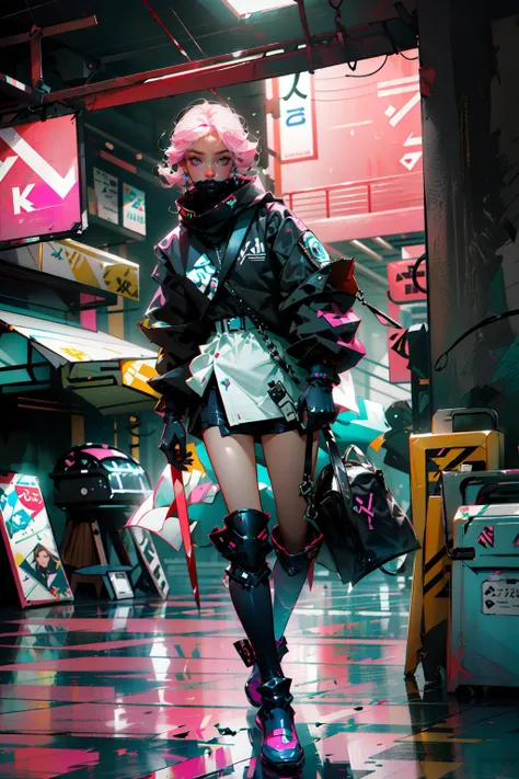 complex 3d render ultra detailed, 150 mm, beautiful studio soft light, rim light, vibrant details, luxurious cyberpunk, Complex background, octane render, 8k, best quality, masterpiece, illustration, an extremely delicate and beautiful, extremely detailed ,CG ,unity ,wallpaper, (realistic, photo-realistic:1.37), Amazing, finely detail, masterpiece, best quality, official art, extremely detailed CG unity 8k wallpaper, dynamic angle, dynamic pose, cowboy shot, (night:1.5), 1girl, detailed face, detailed eyes, ((white:1.3 | pink:1.5 hair)), fluffy very long hair, mechanical arms, techwear jacket, black gloves, tactical vest, with buckle and tape, Cyberpunk dystopia, City streets, (broken neon signs hanging from buildings, neon signs), Neon lights, fluorescent lights, smoke, Syd Mead, Cyberpunk, lots of exposed broken cables, Neon black and white, Unreal Engine, <lora:urbanSamuraiClothing_urbansamuraiV03:0.6:CLOTHING> <lora:nijiMecha:0.7>