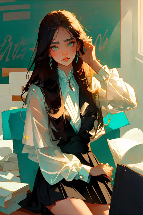 1girl, jenn1f1850, sitting in the office, white shirt and black skirt, style of Peter Wileman,
(best quality, masterpiece),