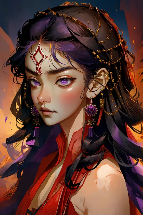 black haired Ravana, hair accessories, canine teeth, pink eyes, Rings on the head, crown, ten faces,twenty hands