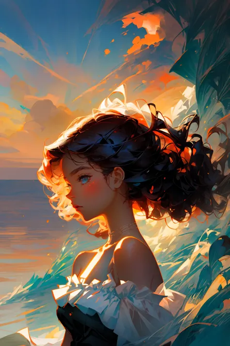 (best quality, masterpiece), 1girl, (dark skin), curly hair, wavy hair, bikini, ocean, in water, wet, sun, long hair, wind,