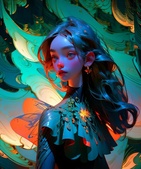 Best Quality, Masterpiece, 1girl, Pose, Particle, Wind, Flower, Upper Body, brass-indigo Color Scheme, Looking at the Viewer, flower fairy, ((Forest background)),