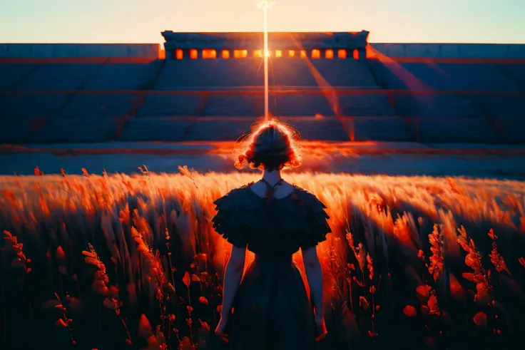 (masterpiece, best quality), field, grain, sunset, 1girl, intricate, detailed, impressive, <lora:FilmG3:1>, film still, cinematic, dream, film grain, movie still, from behind, roman temple