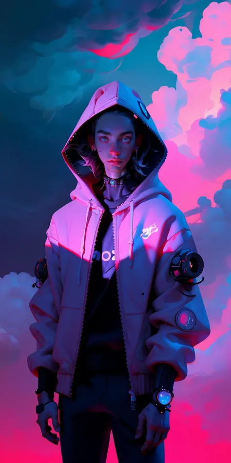 (masterpiece, best quality), 1boy, cyberpunk, hoodie, neon, cloudy sky,