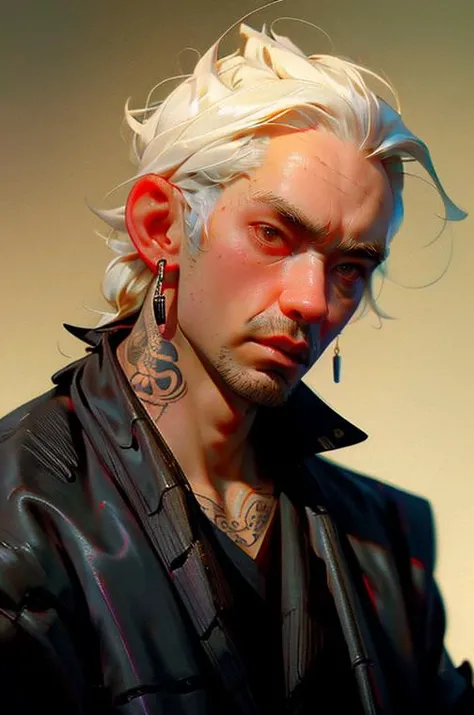 (masterpiece, best quality), old man, looking down, yakuza, upper body, earring in ear, with tattoo