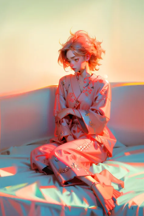 1girl sit on bed ,  messy hair, japanese gradol,  transparent pajamas,  bra