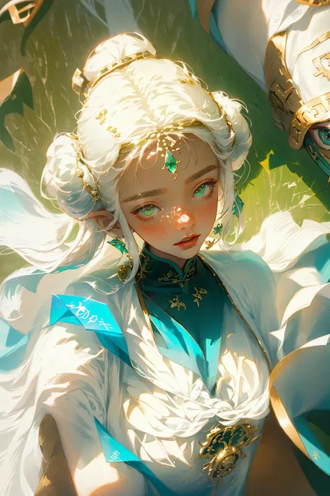 (Face close-up:1.5),(Card from above:1.3),green, soft, sunny,Willow background,dynamic expressiveforce, soft color, light and shadow, gentleabstract painting, a beautiful chinese fairy style girl,beautifulface,ancient hair bun,long hair,white dress, white,skin, 8k,
<lora:LoRA-FashionMagCover:0.3> <lora:Sorayama Style - Hajime Sorayama_v1.1:0.7>