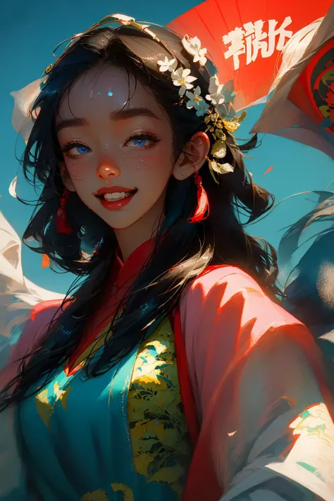 (Face close-up:1.3),Epic ink and wash shot, POV View, first person, blue-eyed Chinese girl in Hanfu, holding a Chinese fan, laughing out loud, exaggerated angle of view, close-up eyes, Qi Baishi, Wu Guanzhong, <lora:LoRA-FashionMagCover:0.3> <lora:LowRA:0.3> <lora:Sorayama Style - Hajime Sorayama_v1.1:0.3>