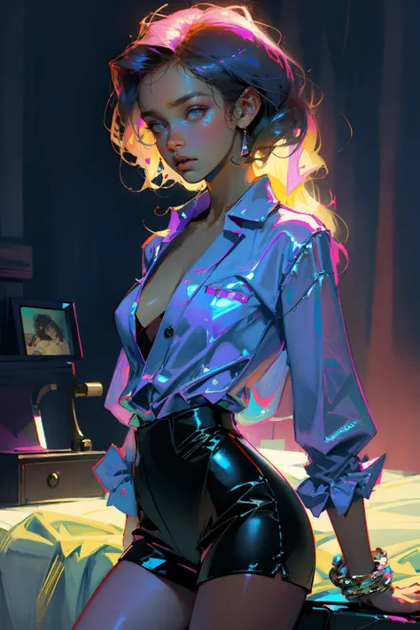 1girl, bed sheet, sexy, seductive , messy hair, unbuttoned shirt, unbuttoned shorts, blue pajamas, shiny skin,
Analog style, vhs style,chromatic aberration, 1980s style film
photorealistic, realistic
by Gerald Brom. Wayne Barlowe