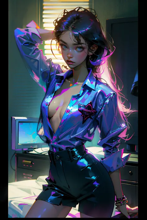 1girl, bed sheet, sexy, seductive , messy hair, unbuttoned shirt, unbuttoned shorts, blue pajamas, shiny skin,
Analog style, vhs style,chromatic aberration, 1980s style film
photorealistic, realistic
by Gerald Brom. Wayne Barlowe