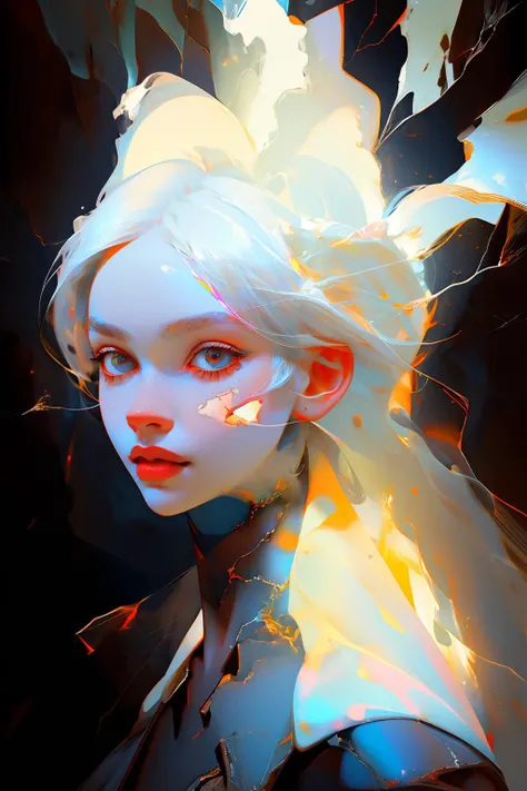 1 female, beautiful,
black humanoid made of rock, upper body, cracked skin, white electricity coming through cracks, white hair, outdoors, detailed background
(best quality, masterpiece, by Bert Stern)