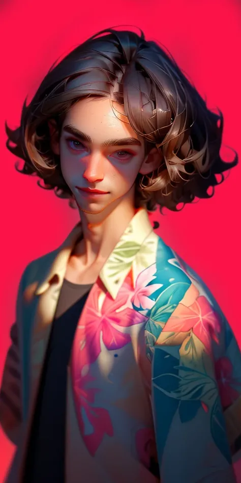 (masterpiece, best quality),1boy,short curly hair,(hawaiian shirt:1.2),upper body,dark skin,black hair,pure pink background,Pink reflection on the jawline,Look straight into the camera,Add lightsource to front,
<lora:backlight_slider_v10:0.6>,