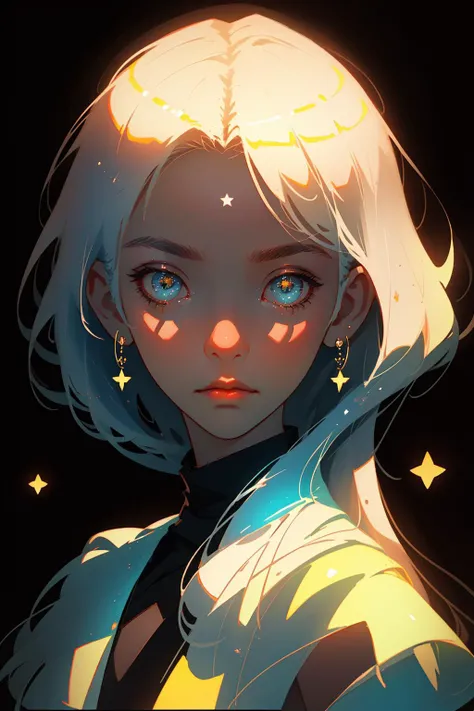 The perfect masterpiece,Highest quality,Perfect artwork,Super detailed,8K,
(Face Close-up:1.5),(Portrait Close-up:1.5),Upper Body Lens,(front portrait:1.5),Delicate face,
Angel Girl,(an indifferent expression:1.5),Bizarre glowing transparent eyes,Magical transparent eyes,Star Eyes,white hair,Love symbol on the face,Attack posture,(Holographic Phantom Background:1.2),(symmetrical composition:1.5),
Digital Art,plane illustrations,colorful illustration,minimalist style,
<lora:anime_minimalist_v1:0.5>,