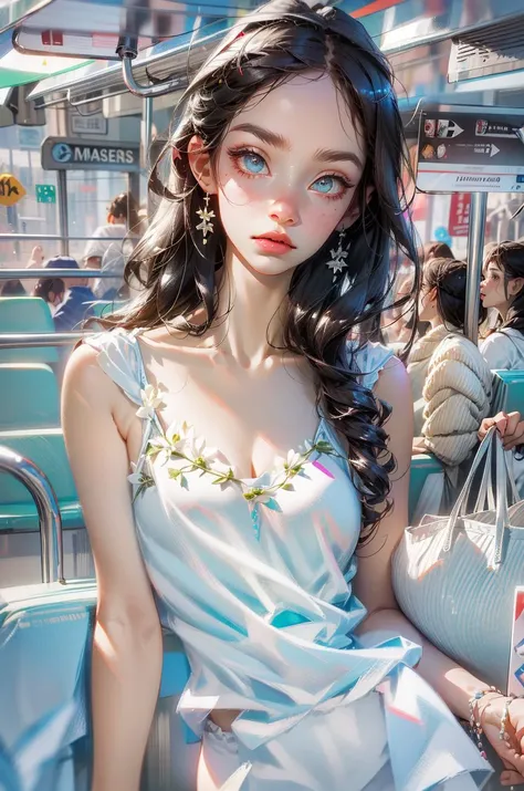 masterpiece, best quality, ultra high res,
1girl, (cleavage:1.2), White coat,(sling:1.2),(white camisole:1.5),slingshot, Black hair, long hair, straight hair,beauty esys,beauty face,(shiny skin:1.2), shiny hair, shiny clothes, soft clothes,see-through,
looking at viewer,upper body, Lateral face,
rim lighting,Subway car,Top light,
<lora:add_detail:1>, <lora:lit:1>
