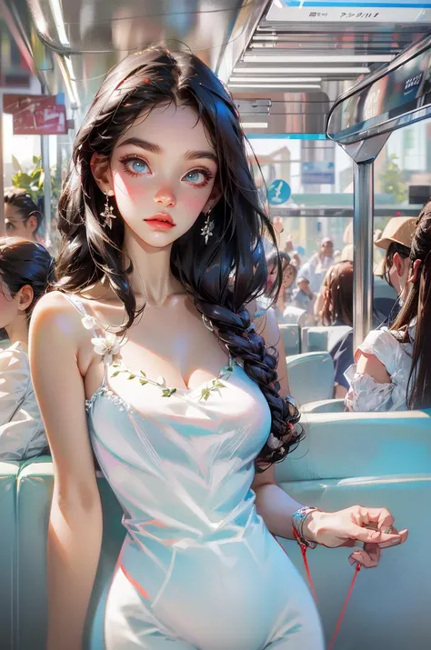 masterpiece, best quality, ultra high res,
1girl, (cleavage:1.2), White coat,(sling:1.2),(white camisole:1.5),slingshot, Black hair, long hair, straight hair,beauty esys,beauty face,(shiny skin:1.2), shiny hair, shiny clothes, soft clothes,see-through, 
looking at viewer,upper body, Lateral face,
rim lighting,Subway car,Top light,
 <lora:add_detail:1>,  <lora:lit:1>