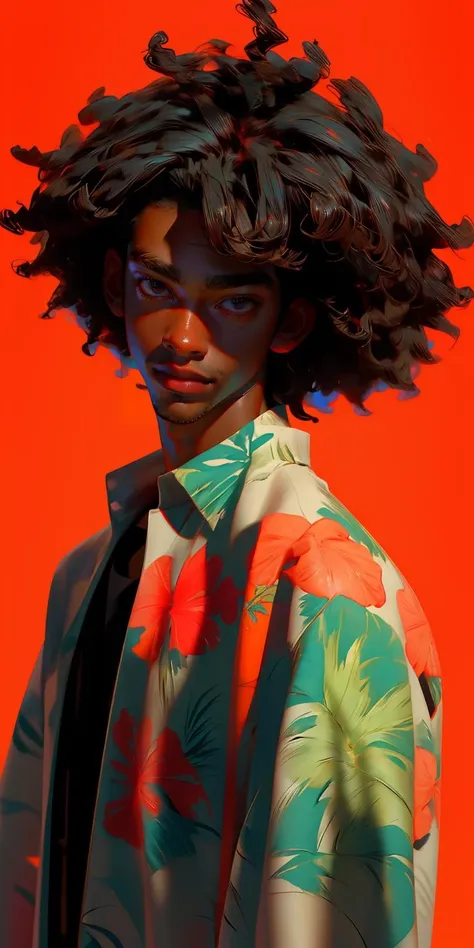 (masterpiece, best quality), 1boy, afro, hawaiian shirt, upper body, dark skin, black hair,