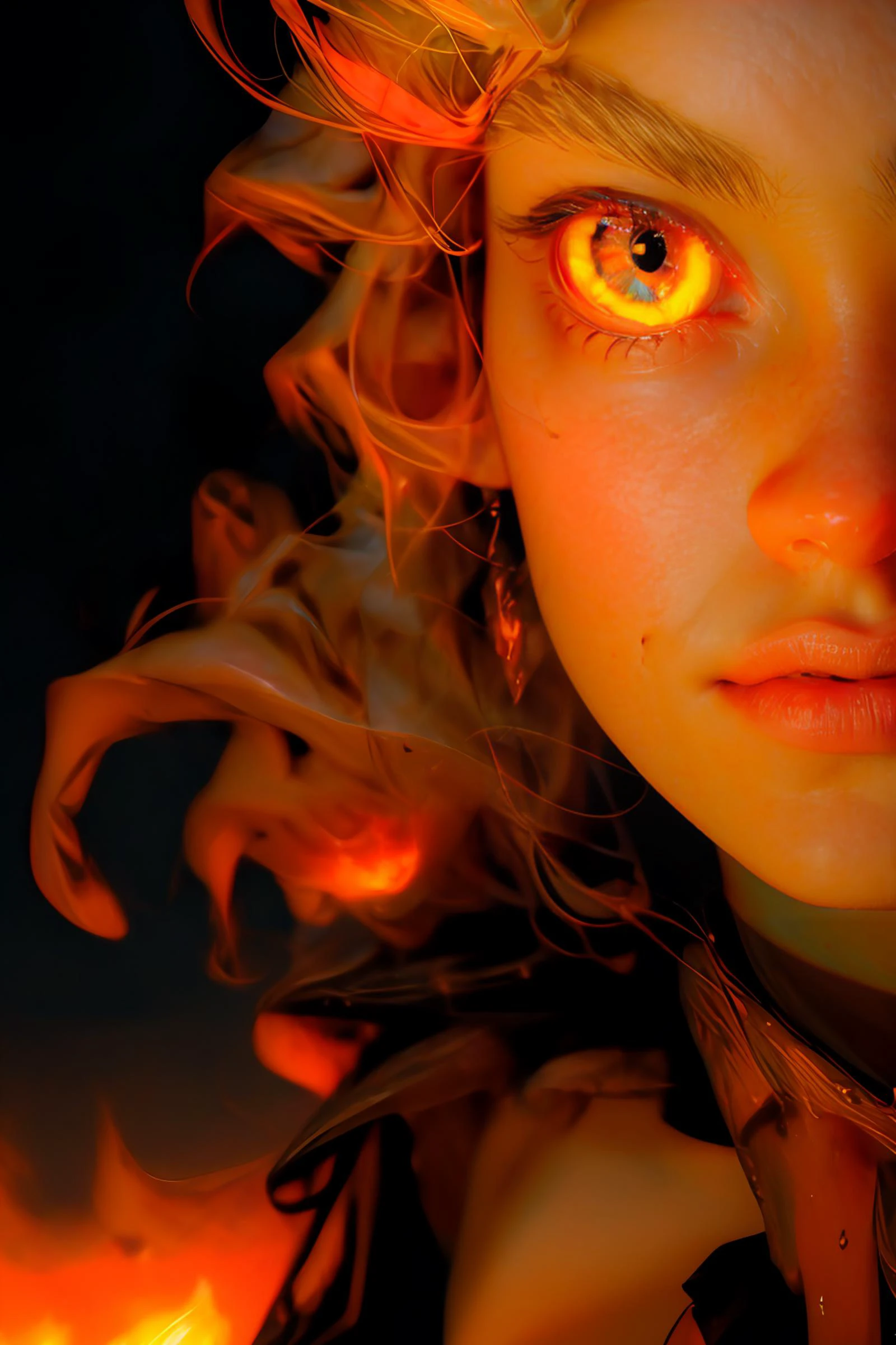 RAW photo, 8k uhd, Analog style, Masterpiece, Best Quality, Highres, portrait, closeup, <lora:SD15_add_detail:0.9>, girl, fire witch, fantasy, sunset, detailed bright glowing blue eyes, <lora:Fine_Tuned_Detailed_Eyes:0.7>, fire, sparks, explosions