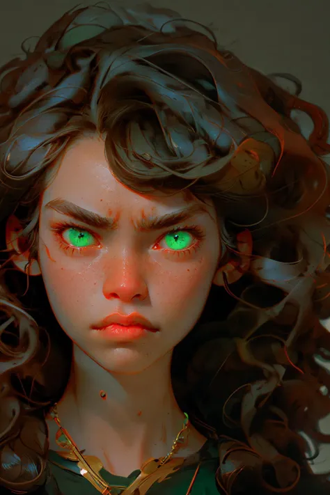 close-up photo portrait of a 40 yo samoan woman, black long curly hair, green eyes, angry face expression, necklace, simple background