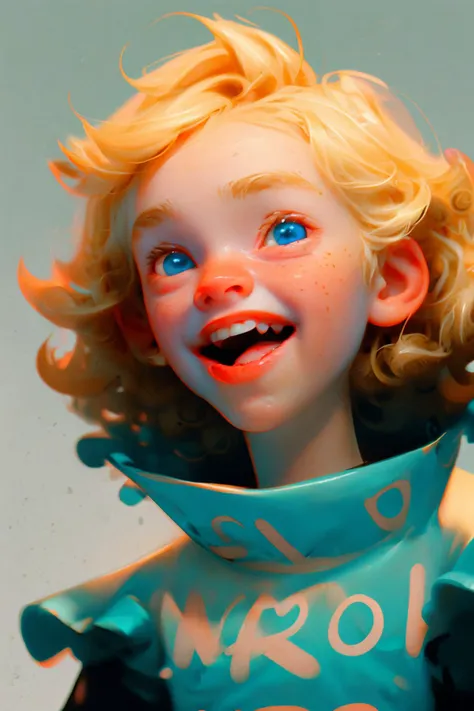 close-up photo portrait of a 3 yo european boy, blond short curly hair, blue eyes, laughing face expression, bib, simple background