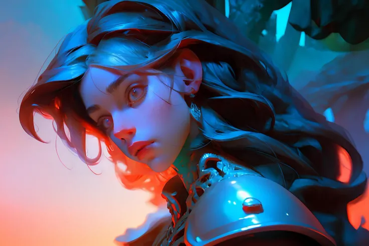 high quality, best quality, masterpiece, intricate details, cinematic image of a female fantasy warrior, knight, dramatic lighting, jungle, high contrast, colorful, abstract