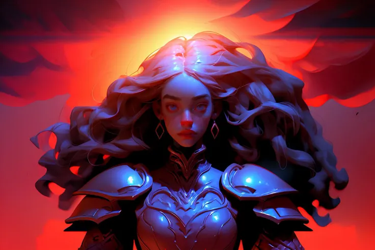 high quality, best quality, masterpiece, intricate details, cinematic image of a female fantasy warrior, knight, dramatic lighting, red sun, high contrast, colorful, abstract