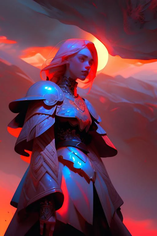 high quality, best quality, masterpiece, intricate details, cinematic image of a female fantasy warrior, knight, dramatic lighting, red sun, high contrast