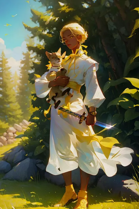 a non-binary (African-American) person with blonde hair and yellow eyes, wearing a beige tunic with yellow embroidery, carrying a sword with jeweled hilt and long yellow ribbons, standing by a stone wall in a forest