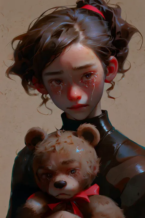 close-up photo portrait of a teenage asian girl, black ponytail, brown eyes, crying face expression, holding teddy bear, simple background