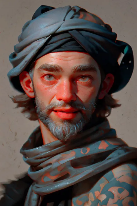 close-up photo portrait of a 60 yo aged Arab man, short grey hair, beard, black eyes, joyful face expression, turban, simple background