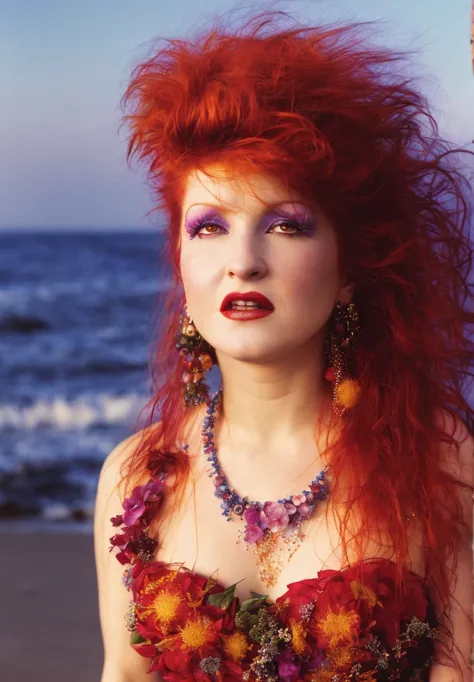 cyndi lauper 1980s, (sharp focus:1.2), portrait, attractive young woman, (beautiful face:1.1), detailed eyes, luscious lips, (heavy eye makeup:1.2), body freckles, (tight body:1.2), (red hair:1.2), wearing (flowery dress:1.2) at (the beach:1.2). (morning sun lighting:1.2), depth of field, bokeh, 4K, HDR. by (James C. Christensen:1.2|Jeremy Lipking:1.1).