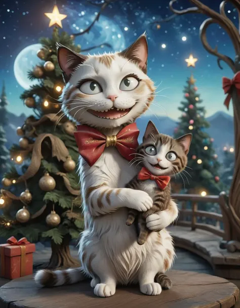 a (smiling:1.9) (cat with round eyes) with a bow hugging a miniature (kitten:1.0) with a bow, realistic photo, amusement park, (Christmas tree:1.0),(SimplePositiveXLv2:0.6), <lora:Tim_Burton_Painting_Style_SDXL-000009:1.0> Tim Burton Style, masterpiece, best quality, unreal engine, 8k, 4k, extremely clear, ultra detailed, starry starry night by van gogh