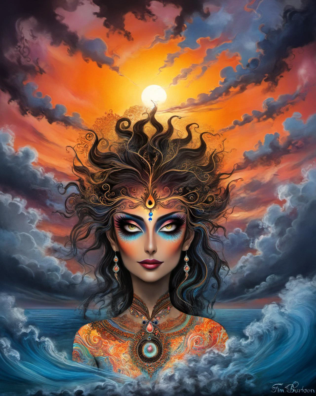 alluring woman, tropical resort, epic sunset, dramatic clouds, (fractal details)
<lora:Victoria_Frances_v2_XL:0.8> traditional media, traditional painting, drawing <lora:Tim_Burton_Painting_Style_SDXL:0.7> Tim Burton Style <lora:drdjns:0.8> psychedelic art, drdjns style