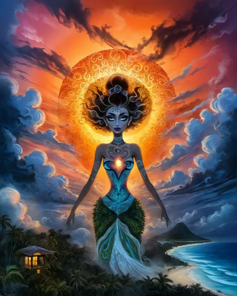 alluring woman, tropical resort, epic sunset, dramatic clouds, (fractal details)
 <lora:Victoria_Frances_v2_XL:0.8> traditional media, traditional painting, drawing <lora:Tim_Burton_Painting_Style_SDXL:0.7> Tim Burton Style <lora:drdjns:0.8> psychedelic art, drdjns style