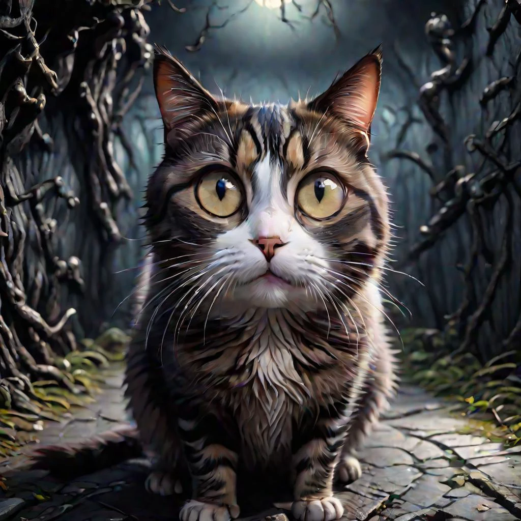 a cat with round eyes is staring at camera, realistic photo, <lora:LCM_LoRA_Weights:0.65>, SimplePositiveXLv2, <lora:Tim_Burton_Painting_Style_SDXL:1.0> Tim Burton Style, masterpiece, best quality, unreal engine, 8k, 4k, extremely clear, ultra detailed