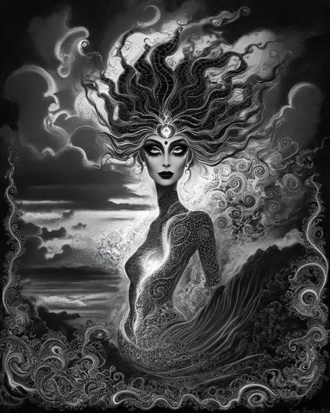 alluring woman, tropical resort, epic sunset, dramatic clouds, (fractal details)
<lora:Victoria_Frances_v2_XL:0.8> traditional media, traditional painting, monochrome, drawing <lora:Tim_Burton_Painting_Style_SDXL:0.7> Tim Burton Style <lora:drdjns:0.8> psychedelic art, drdjns style