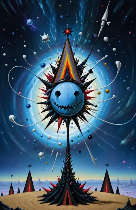 rafal olbinski style, Tim Burton Style, Jeff Soto .Amidst the swirling nebulae of an interdimensional fairground, the Star-jester fizzwiggler, a being of pure pandemonium, juggles planets like marbles, its body a kaleidoscope of cosmic dust and supernova remnants. It wears a crown of comet tails and dances to the unheard symphony of the universe, its laughter resonating through the ether. The ground is a tessellation of living tessaracts that flip and fold into impossible shapes, while quantum carousel creatures phase in and out of reality, Vibrant, Chaotic Symphony, Intergalactic Oddities, Whirls of Time, Multidimensional Spectacle. <lora:FF-Style-Rafal-Olbinski.LORA:1> <lora:JeffSoto:1> <lora:Tim_Burton_Painting_Style_SDXL-000009:1>