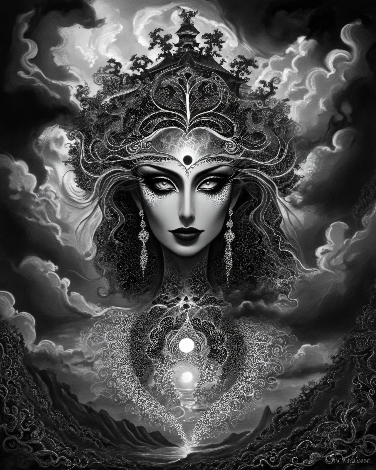 alluring woman, tropical resort, epic sunset, dramatic clouds, (fractal details)
<lora:Victoria_Frances_v2_XL:0.8> traditional media, traditional painting, monochrome, drawing <lora:Tim_Burton_Painting_Style_SDXL:0.7> Tim Burton Style <lora:drdjns:0.8> psychedelic art, drdjns style