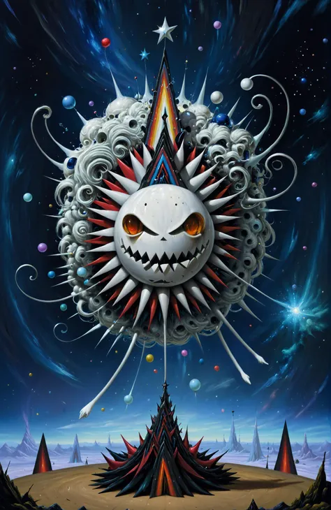 rafal olbinski style, Tim Burton Style, Jeff Soto .Amidst the swirling nebulae of an interdimensional fairground, the Star-jester fizzwiggler, a being of pure pandemonium, juggles planets like marbles, its body a kaleidoscope of cosmic dust and supernova remnants. It wears a crown of comet tails and dances to the unheard symphony of the universe, its laughter resonating through the ether. The ground is a tessellation of living tessaracts that flip and fold into impossible shapes, while quantum carousel creatures phase in and out of reality, Vibrant, Chaotic Symphony, Intergalactic Oddities, Whirls of Time, Multidimensional Spectacle. <lora:FF-Style-Rafal-Olbinski.LORA:1> <lora:JeffSoto:1> <lora:Tim_Burton_Painting_Style_SDXL-000009:1>